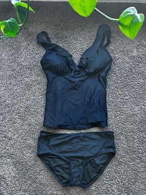 DKNY Black Ruffle Tankini Top with Matching Bikini Bottoms